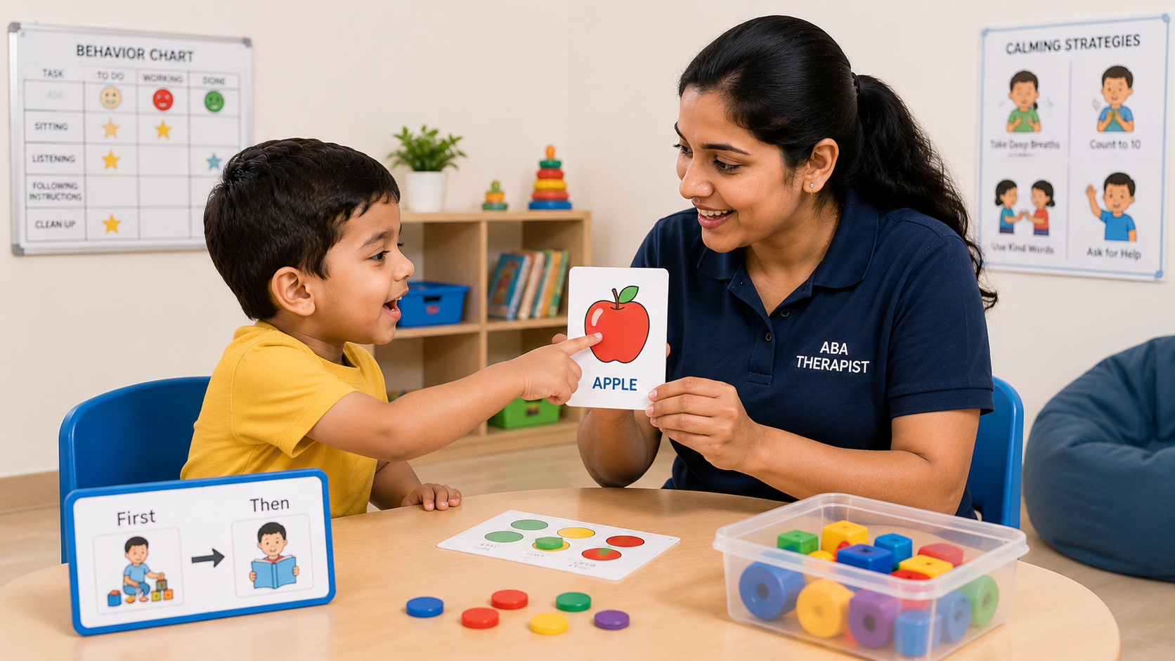 થેરેપિસ્ટ ABA સત્રમાં flashcard દેખાડે