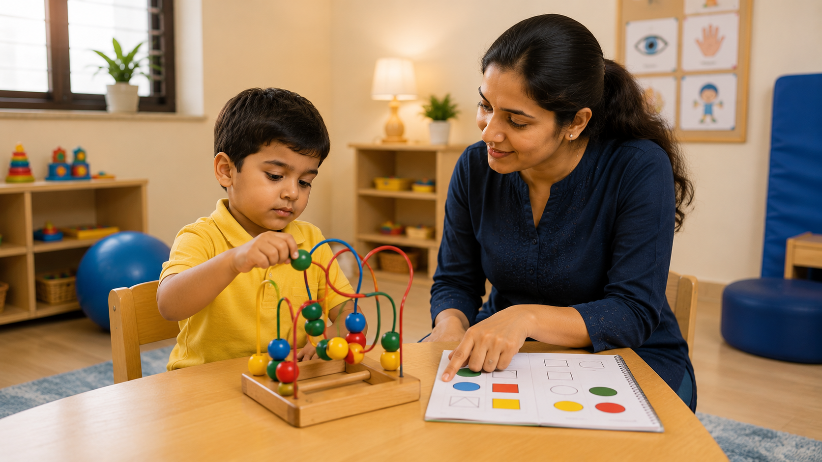 Child doing bead maze activity in therapy session