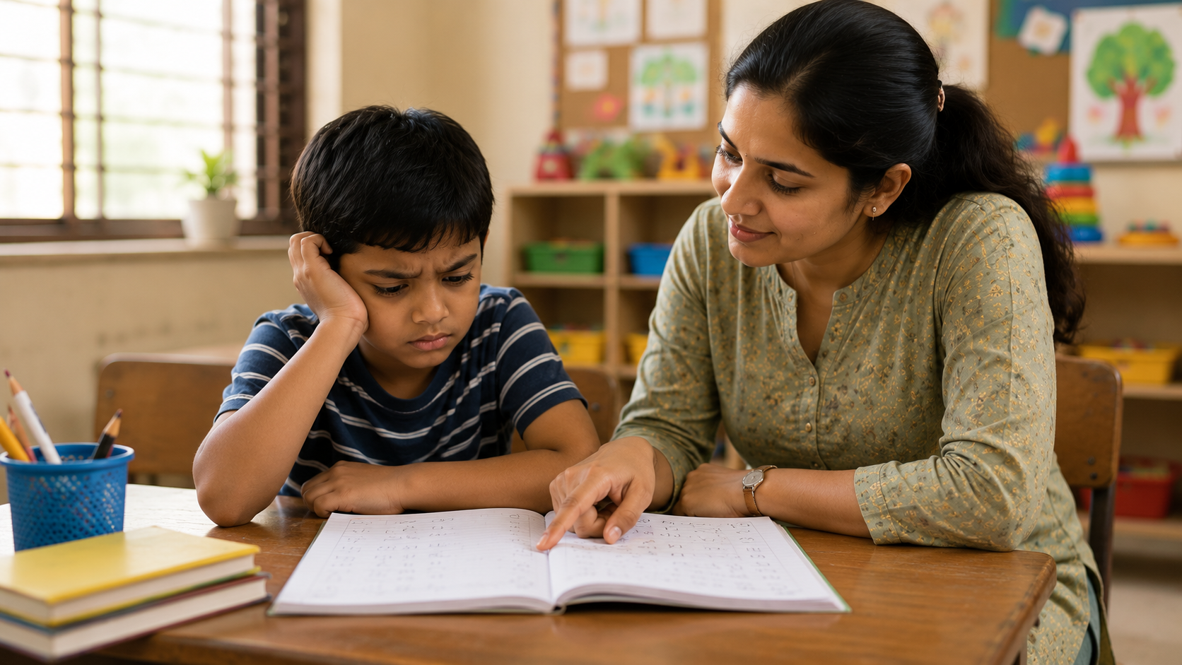 Distracted child at school desk struggling to focus on homework