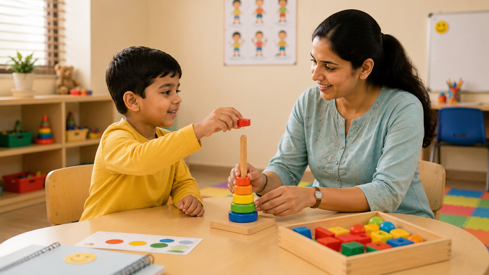 Child stacking rings in fine motor skills therapy