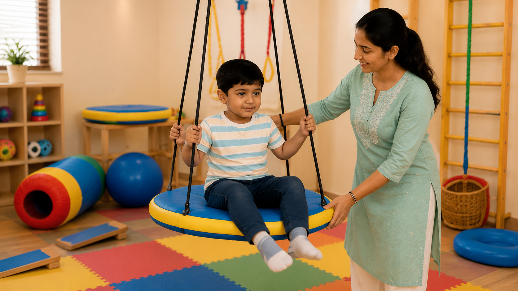 Child on sensory swing during occupational therapy
