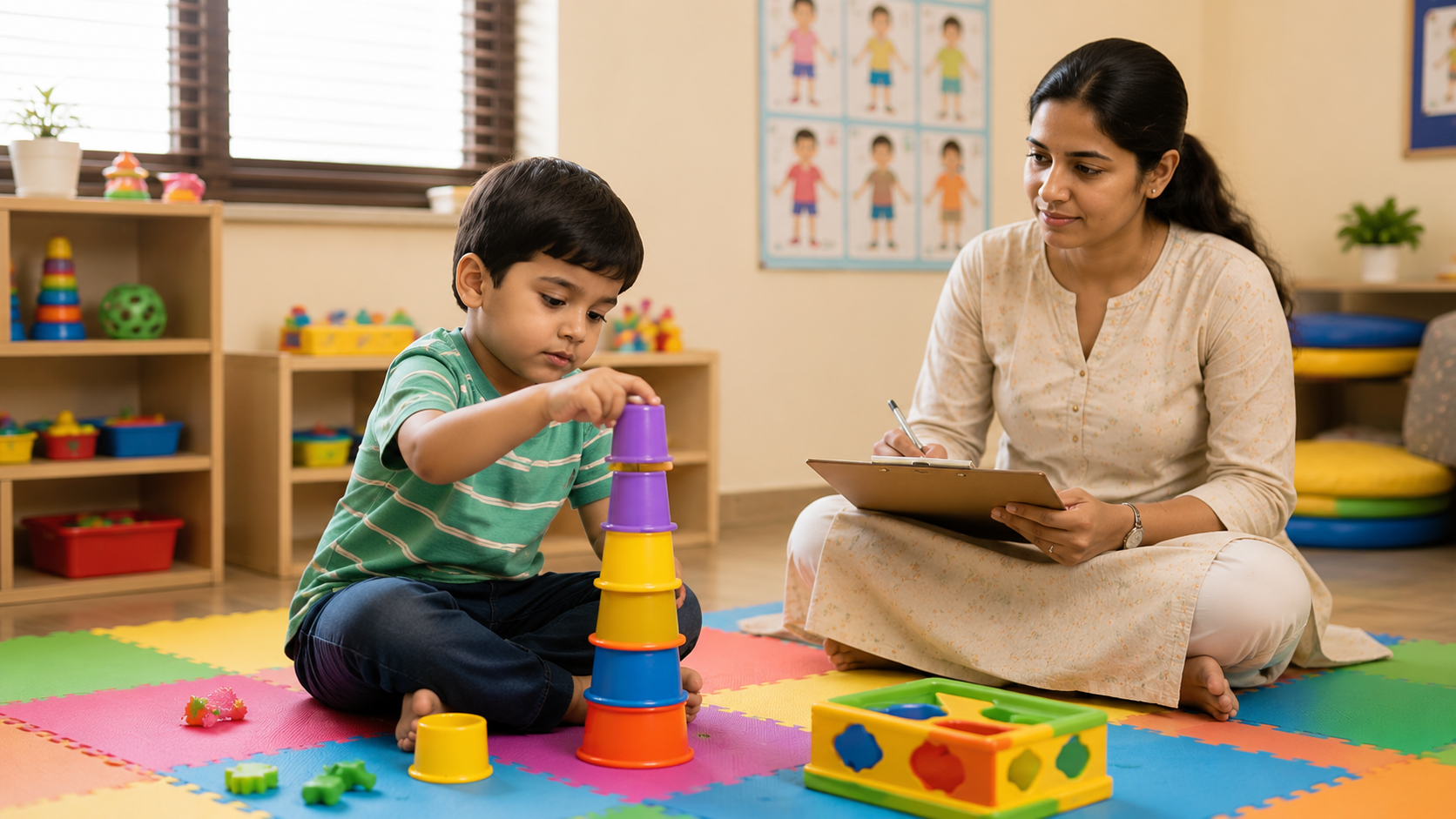Child stacking cups in occupational therapy session