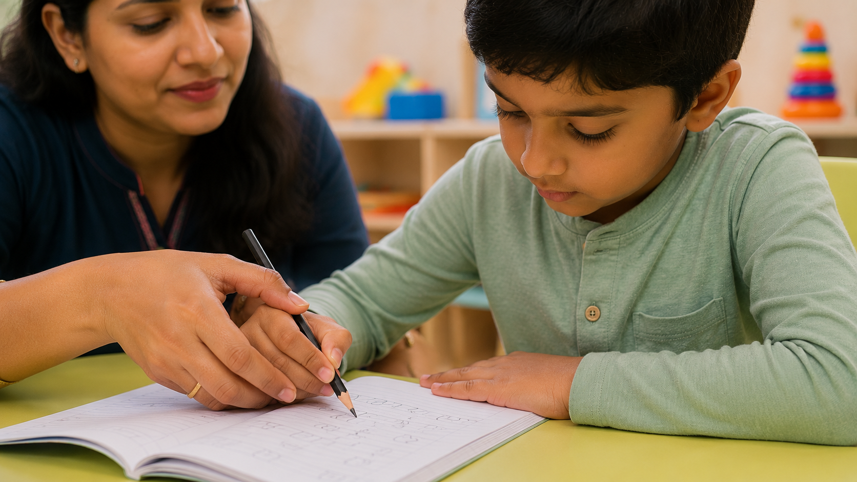 Child writing with therapist support in school readiness session