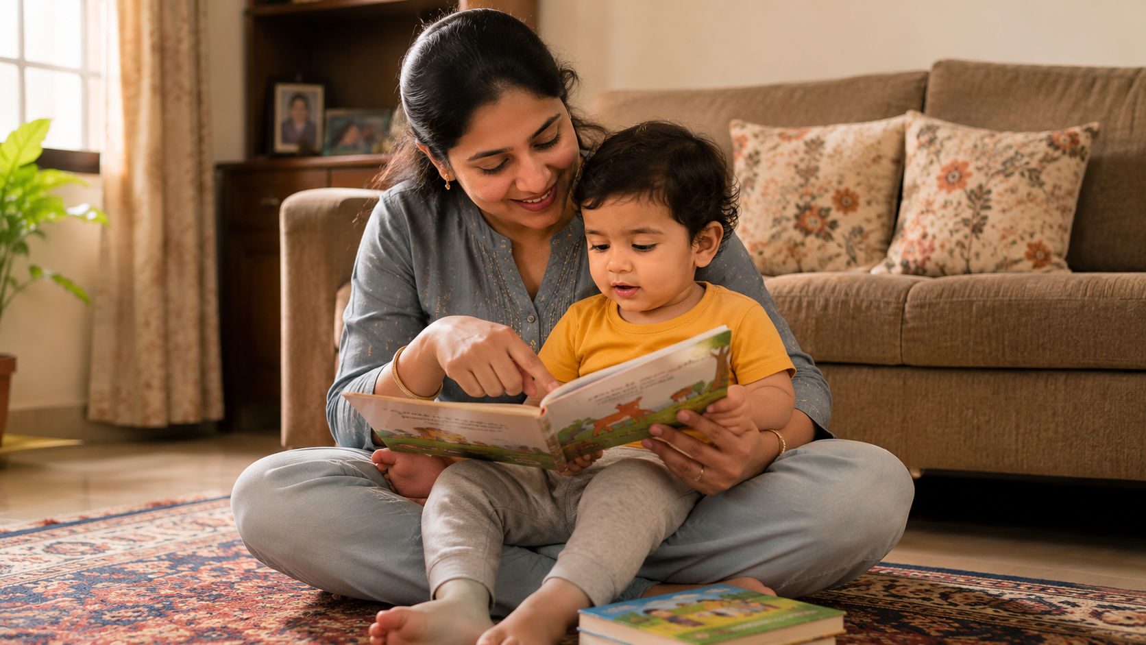 Mother reading with toddler to encourage early language development