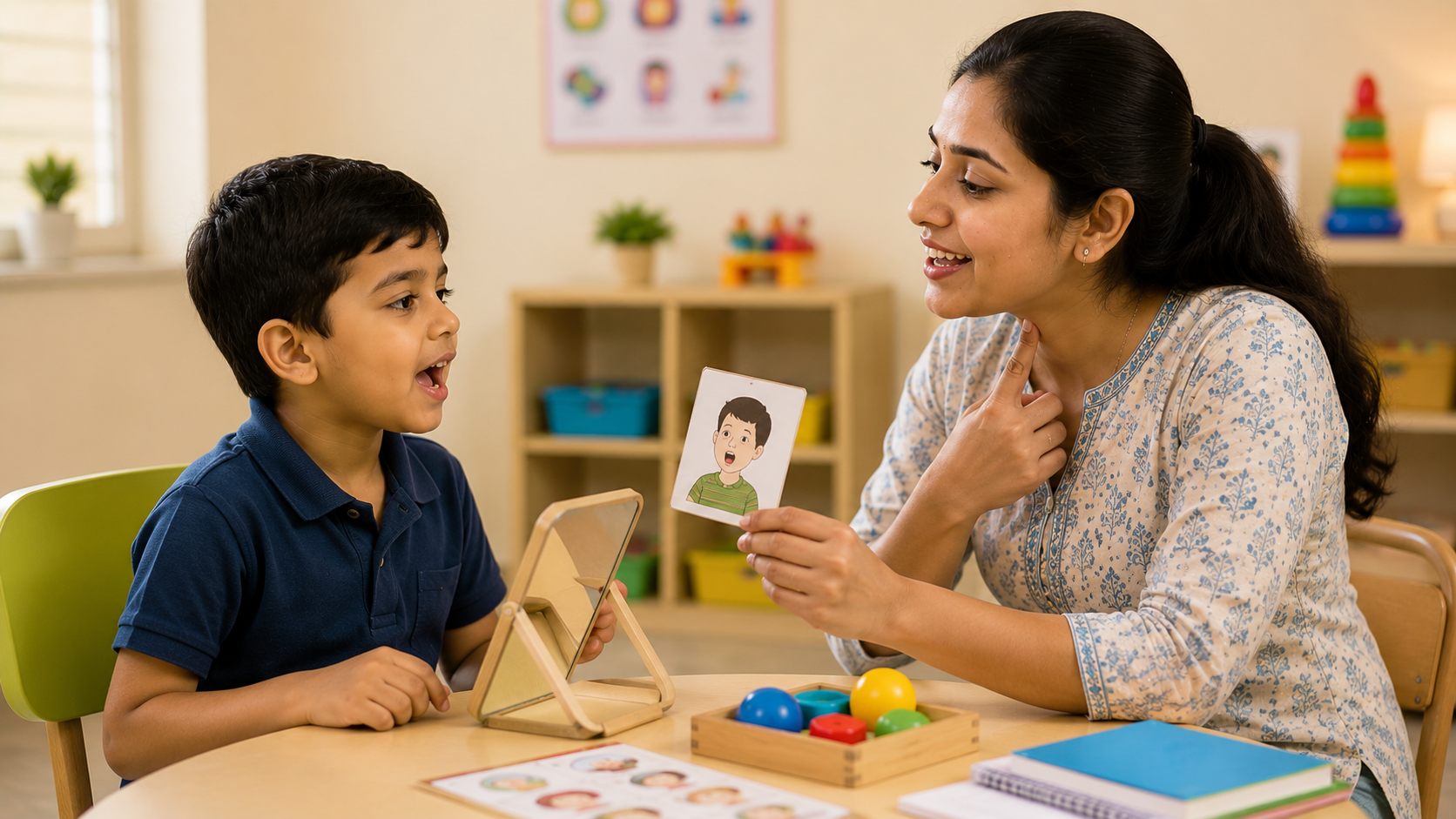 Child in speech therapy mirror session with therapist